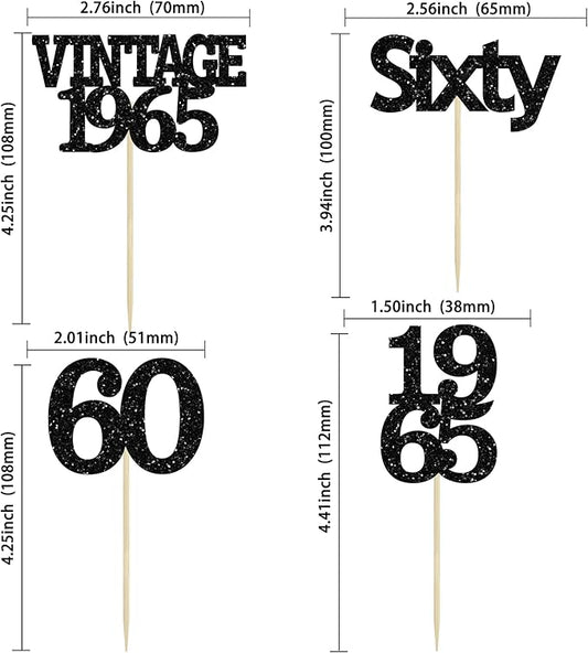 Gyufise 24Pcs Vintage 1965 Cupcake Toppers Cheers to 60 Fabulous Sixty Cupcake Picks Decorations for 60th Birthday Wedding Anniversary Party Cake Decorations Supplies Black