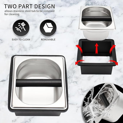 Espresso Knock Box,Stainless Steel Coffee Pucks Container, with Steel Holder and Noise Reduction Rubber Ring (7.28 x 6.8 x 4.25 inch)