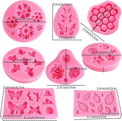 Silicone Mold Flower 8pcs Chocolate Fondant Polymer Clay Candy Gummy Mold,Rose Leaf Butterfly Bee Honey Shaped Silicone Molds for DIY Cake Cupcake Decor Craft