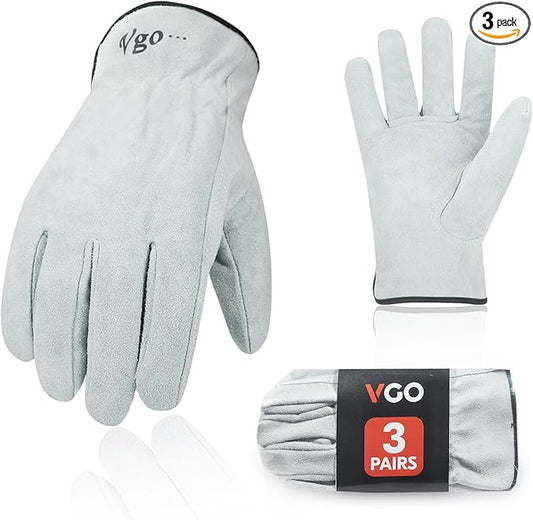 Vgo... 3-Pairs Unlined Cowhide Split Leather Work and Driver Gloves, for Heavy Duty, Truck Driving, Warehouse, Gardening, Farm (Size XL, White, CB9501)