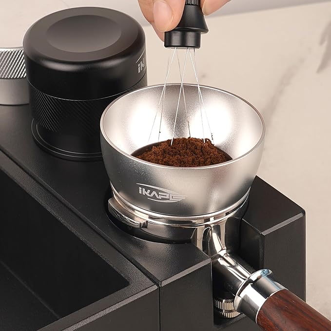 IKAPE Magnetic Dosing Funnel Set, 58MM Espresso Dosing Ring & Puck Screen Kit Compatible with 58MM Bottomless Portafilter - with 10 Small Magnet (Silver)