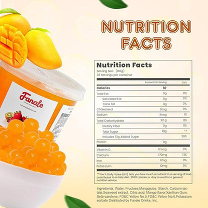 Fanale Mango Popping Boba Pearls, Vegan, Non GMO, Gluten Free, Fat Free, Perfect for Bubble Tea, Smoothies, Ice Cream, Desserts, and Beverages.