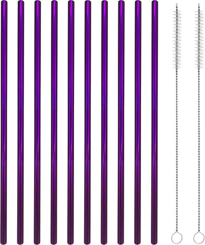 10 Pcs Stainless Steel Straws, Reusable Drinking Straws, Straight Metal Straw Sets with 2 Pcs Cleaning Brushes (10.5 Inch, Purple)
