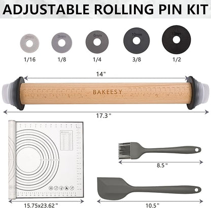 Bakeesy's 14' Wooden Rolling Pin Set with 5 Adjustable Thickness Rings - Roller Pin for Rolling Pizza, Cookie Dough, Pastry, Ravioli, Clay Slab - Full Set with Accessories - Perfect Baking experience