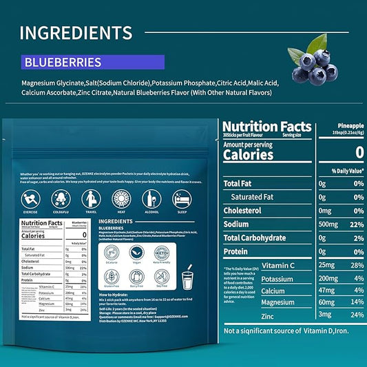 Electrolytes Powder Packets, 30 Sticks Hydration Packets Sugar Free, Electrolyte Drink Mix Portable Electrolyte Packets for Rapid Hydration, 0 Sugar & 0 Calorie, Blueberry Flavor