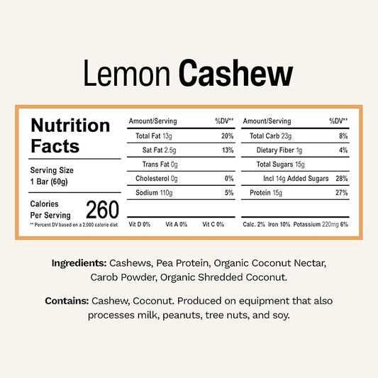 Rise Pea Protein Bar - Vegan Lemon Cashew | Breakfast Bar & Protein Snack 15g Protein Just 3 Whole Food Ingredients Non-GMO Gluten-Free Soy Free