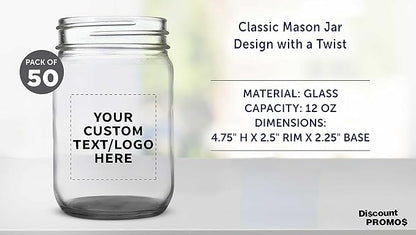 DISCOUNT PROMOS Custom Decorating Mason Jars 12 oz. Set of 50, Personalized Bulk Pack - Glass Jars for Overnight Oats, Candies, Fruits, Pickles, Spices, Beverages - Black