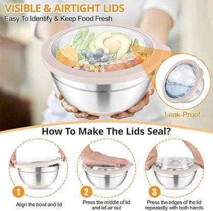 TeamFar Mixing Bowls, 5PCS Stainless Steel Serving Salad Bowls with Lids, For Kitchen Mixing/Baking/Storing/Prepping, Visible & Airtight, Non-Slip Bottom - 4.6/3.5/1.5/1 / 0.7 QT, Khaki