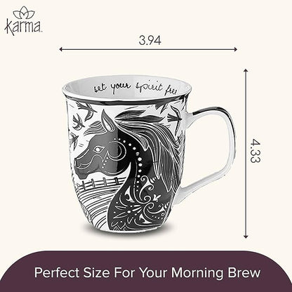 Karma Gifts 16 oz Black and White Boho Mug Horse - Cute Coffee and Tea Mug - Ceramic Coffee Mugs for Women and Men