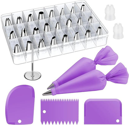 Kootek 32-Piece Piping Bags and Tips Set with 24 Icing Piping Tips, 2 Reusable Pastry Bags 12 Inch, Reusable Piping Icing Bags and Tips, Cake Decorating Kit for Frosting Cookie, Cupcake