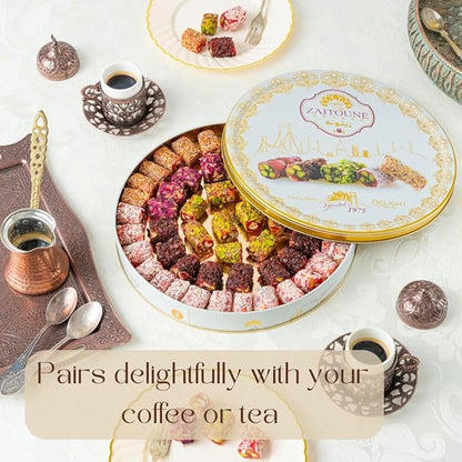 Zaitoune Turkish Delight Mix - 22 oz | Luxury Coatings of Pomegranate, Pistachio, Coconut, Kataifi & Rose | Authentic Lokum Sweet Assortment in a Beautiful Gift Tin | Handmade & Individually Wrapped