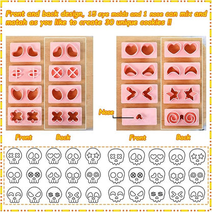 Mini Skull Cookie Cutter Set, Interchangeable DIY Halloween & Día de los Muertos Biscuit Stamps, 3D Raised Design Molds for Cookie Decorating, Cupcakes, Day of the Dead Pastries & Party Treats
