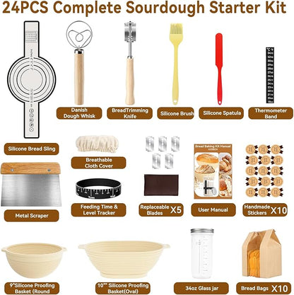 24 PCS Sourdough Starter Kit w/ 34oz Sourdough Starter Jar, Sourdough Bread Baking Supplies 9" Round & 10" Oval Silicone Banneton Bread Proofing Baskets & Baking Tools Set, Ideal Gift for Baking Gift