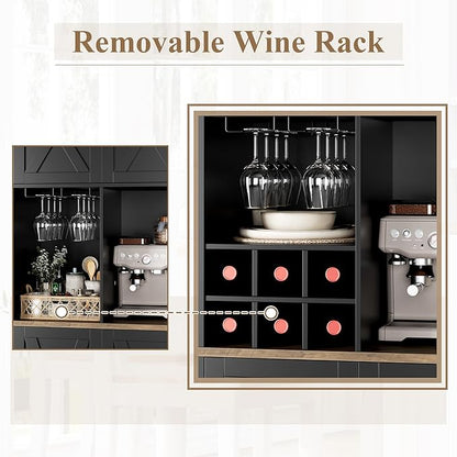 HOSTACK Kitchen Pantry Storage Cabinet, 71" Tall Food Pantry Cabinet with Microwave Stand, Farmhouse Kitchen Hutch, Coffee Bar Hutch with Wine Rack for Dining Room, Living Room, Black