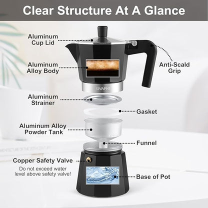 Sivaphe Aluminum Moka Pot 6 Espresso Cups, Percolator Espresso and Coffee Maker, Portable Stovetop Italian and Cuban Café Brewer for Home and Camping Black
