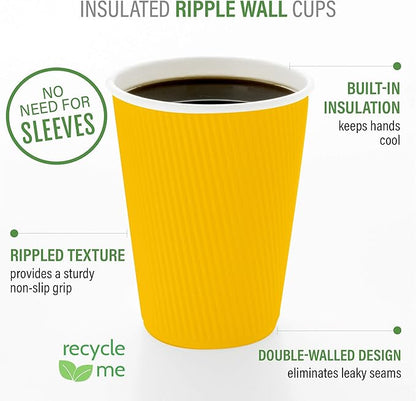 Restaurantware 4 Ounce Ripple Insulated Coffee Cups, 500 Double Wall Corrugated Tumblers, Leakproof, Non-Slip Yellow Paper Design, Recyclable, Ribbed Surface, Matching Lids Sold Separately