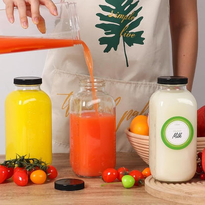 STARSIDE 32 oz Glass Juice Bottles with Lids 2 Pack - Square Reusable Drinking Jars for Juicing, Milk, Kombucha - Includes 1 Bottle Brush, 6 Colored Labels