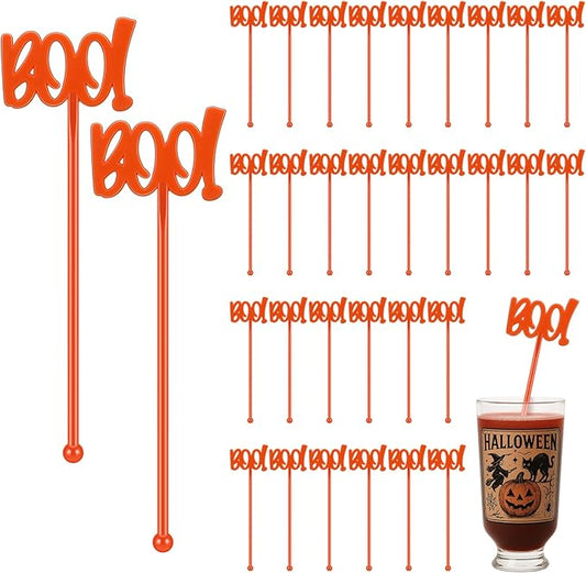 30 Pcs Halloween Swizzle Sticks Plastic Coffee and Cocktail Stirrers Fall Thanksgiving Drink Stirrers Cocktail Mixers for Halloween Fall Autumn Party Tea Coffee Bar Decoration(Boo)