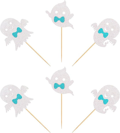 24Pcs Ghost Cupcake Toppers - Bule Halloween, Bule and White Halloween Birthday Decorations, Bule Halloween Baby Shower Decor, Ghost Decorations, Halloween Gender Reveal Decorations