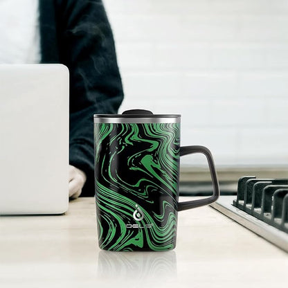 Ideus Vacuum Insulated Coffee Mug, 16oz Reusable Stainless Steel Thermal Double Walled cup with Handle and Slider Lid for Hot & Cold Beverages, BPA Free (Green Zebra)
