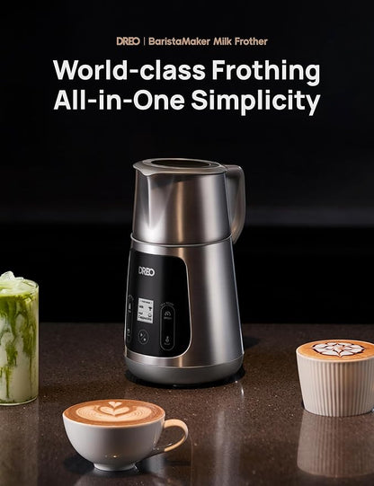 Dreo All-in-1 BaristaMaker Milk Frother, Electric Foam Frother for Latte Art Microfoam and Coffee, 15oz/450ml Automatic Milk Warmer with 30 Drinks, Dishwasher Safe, Dairy/Plant-Based Milk