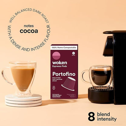 WOKEN COFFEE Compostable Nespresso Pods - Portofino Medium Roast Italian Espresso Coffee Capsules Compatible With Nespresso Coffee Machine (40 Pod Count, 4 Boxes)