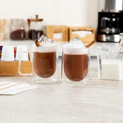 Restaurantware-Forma Professional 10.2 Ounce Double Wall Coffee Mugs, 2 Insulated Coffee Mugs With Handle - Dishwashable, Reusable, Clear Glass Beverage Cups, Freezable, For Hot Or Cold Beverages