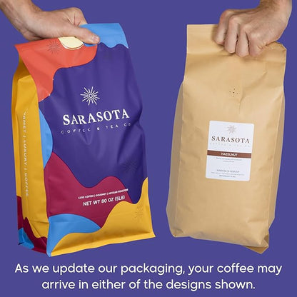 Sarasota Coffee Ground Hazelnut | Medium Roast Gourmet Flavored Coffee Grounds | Low Acid, Mold Free, Specialty Grade, Flavored Bulk Ground Coffee | 5lb (80 oz)
