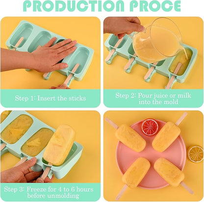 Sakolla Large Popsicle Silicone Molds Set, 3 Pcs 4 Cavities Oval Homemade Ice Cream Molds with 150 Wooden Sticks for Ice Pop, Cakesicles, Cake Pop (Green)