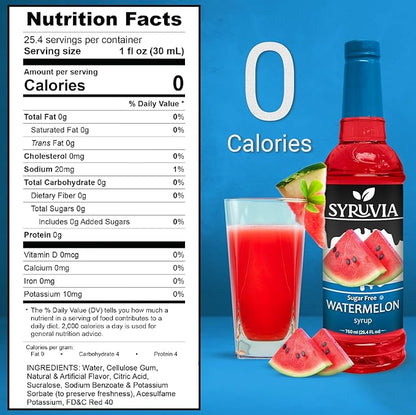 Syruvia Sugar-Free Watermelon Syrup, Flavored Syrup for Drinks, Cocktails, Lemonades, Iced Teas, and Desserts – 25.4 fl oz, With Pump