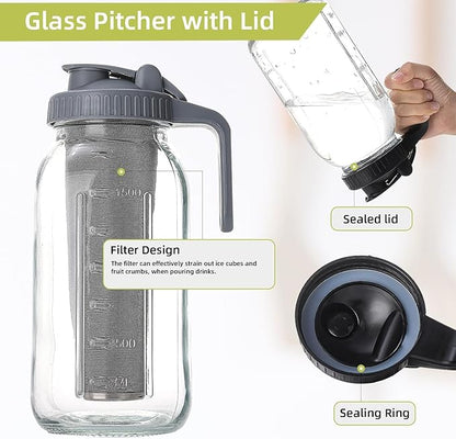 Cold Brew Maker with V-Spout, 2 Quart (64oz) Glass Pitcher with Lid, Easy Pour Breast Milk Pitcher for Iced Tea, Cold Brew Coffee, Milk and Water - Grey