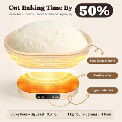 Heating Sourdough Bread Proofing Basket, 2L Electric Thermostatic Silicone Oval Banneton Proofing Bowl with 6 Timer & Temp Settings for Dough Rising, Dishwasher Safe, Foldable Sourdough Starter Bowl