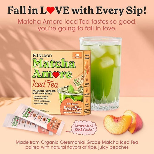 Fit & Lean Matcha Amore Iced Tea, Organic Ceremonial Grade Matcha Green Tea, Prebiotic Fiber, L-Theanine, Naturally Sweetened, NON-GMO, 0 Sugar, Peach Iced Tea, 10 Stick Packs