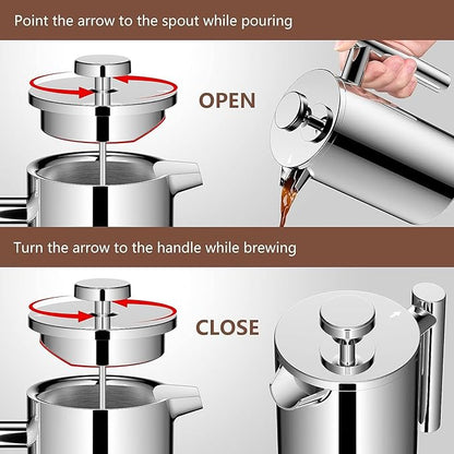 French Press Coffee Maker 3-Level Filtration Double-Walled 6MM Vacuum Insulated Keep Hot 2 Hours for Travel 32oz Polished Stainless Steel