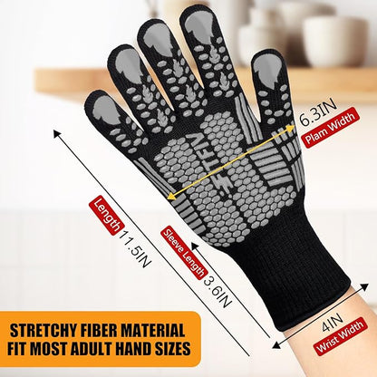 BBQ Gloves, Oven Gloves, Extreme Heat Resistant Barbecue Gloves, Silicone Non-Slip Oven Mitts, Kitchen Gloves for Cooking, Grilling, and Baking (Gray)