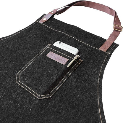 Denim Chef Apron with Pockets, Mens Womens Professional Kitchen Bib Black Apron for Cooking Grill BBQ Server, with Towel Loop and Adjustable Neck Straps