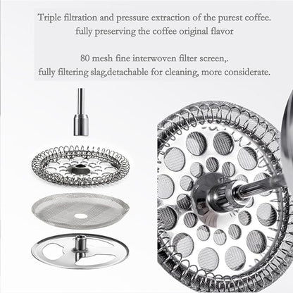 French Press Coffee Maker 3-Level Filtration Double-Walled 6MM Vacuum Insulated Keep Hot 2 Hours for Travel 32oz Polished Stainless Steel