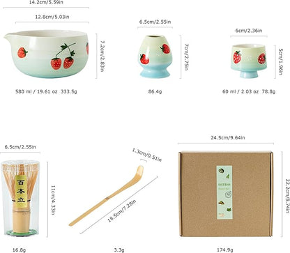 Matcha Whisk Set, Cute Strawberry Matcha Bowl Set with 2 Cups, Bamboo Whisk, Scoop & Holder, Matcha Kit Gift for Tea Lovers and Tea Ceremony, Birthday, Anniversary