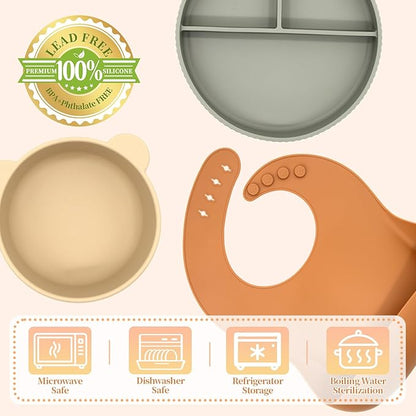Silicone Baby Feeding Set 21 Pcs, Led Weaning Supplies, Baby Feeding EatincSupplies Set BPA Free, Essentialsfor Newborn Gift Walnut Color, Beige, Smoky Gray