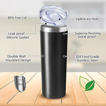 20 oz Skinny Tumblers with Lid and Straw,Stainless Steel Vacuum Insulated Tumbler Cup Double Wall Travel Coffee Mug, Thermal Water Tumbler for Hot and Cold Drinks(Black,8)