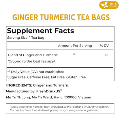 FreshDrinkUS, Premium 135 Turmeric Ginger Tea Bags, 100% Natural Ingredients, Hand-made Blend of Turmeric and Ginger Herbal Tea, Eco-conscious Tea Bags. No Sugar, No Caffeine, No Gluten, Vegan.