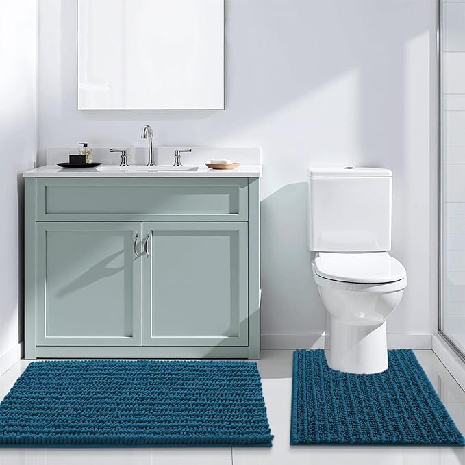 Arotive Luxury Chenille Bathroom Rug Mat, Extra Soft Thick Absorbent Shaggy Bath Rugs, Non-Slip Machine Wash Dry, Plush Bath Mats for Bathroom, Shower and Tub, 60x24, Peacock Blue