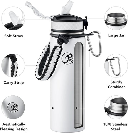 GOSWAG Insulated Sports Water Bottle, 24oz 2 Lids(with Straw/No Straw), Stainless Steel Water Bottles with Paracord Handle, Insulated Bottle with Double-Wall Vacuum Insulation