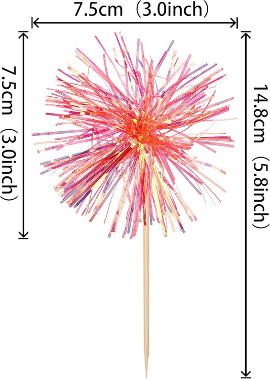 30 PCS Foil Firework Cupcake Toppers Happy Birthday Cupcake Toppers Sparkle Tinsel Flower Drink Stirrers Cocktail Fruit Toothpicks for Valentine's Day Baby Shower Party Cake Decor Supplies Orange