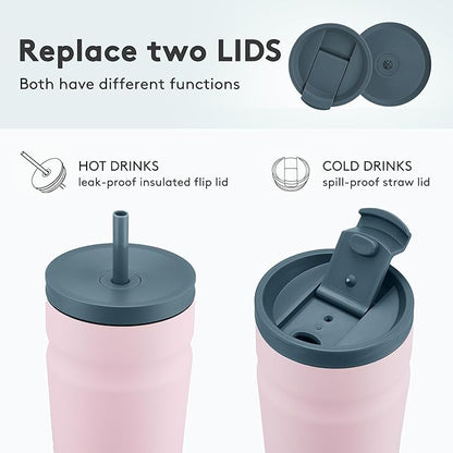 COKTIK 16oz Insulated Tumbler with Lid and Straw 2 Lids (Straw/Flip) Iced Coffee Cup Reusable Stainless Steel Travel Mug Water Bottle Cupholder Friendly for Women Men Her Him (Blush)