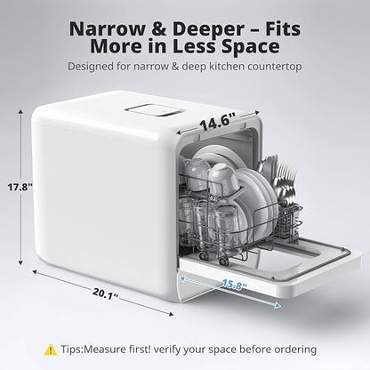 AIRMSEN Portable Countertop Dishwasher with 5L Water Tank, Mini Dishwasher with 14.6” Narrow & 20.1“ Deep Design, 9 Programs, 24H Delay Start & 360° Dual Spray, No Hookup Needed, C01, White