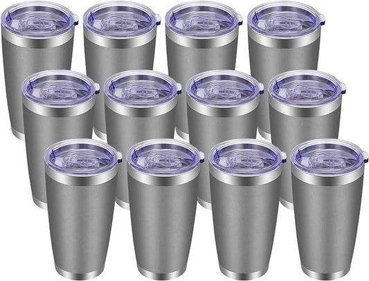 VEGOND 20oz Tumbler with Lid and Straw Stainless Steel Tumbler Cup Bulk Vacuum Insulated Double Wall Travel Coffee Mug Powder Coated Coffee Cup(Grey 12 Pack