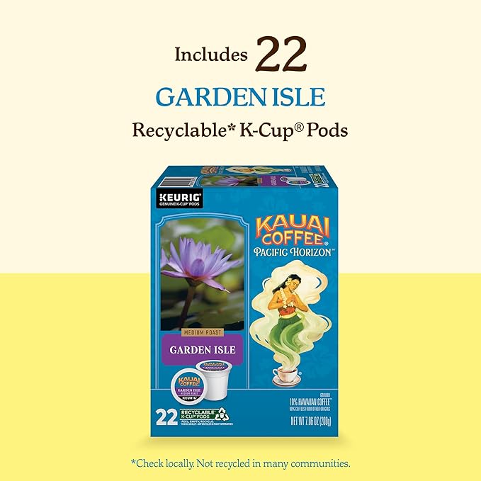 Kauai Coffee K-Cup Pods for Keurig Brewers – Arabica Coffee, 10% Hawaiian – Medium Roast, Bright Aroma With Light Floral Notes – Garden Isle, 1 Pack of 22 Single Serve K-Cups
