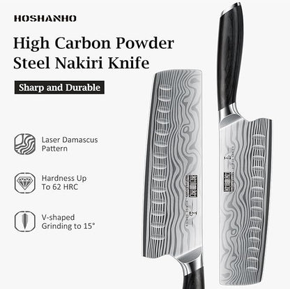 7 Inch Nakiri Knife, Japanese High Carbon Powder Steel Vegetable Cleaver Knife for Chopping, Razor Sharp Multipurpose Asian Chef Knife with Ergonomic Handle