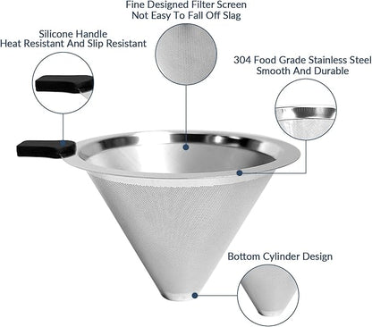 Pour Over Coffee Dripper-Stainless Steel Coffee Filter,Reusable Drip Cone Coffee Filter Portable Pour for 1-4 Cup (Without base, L)